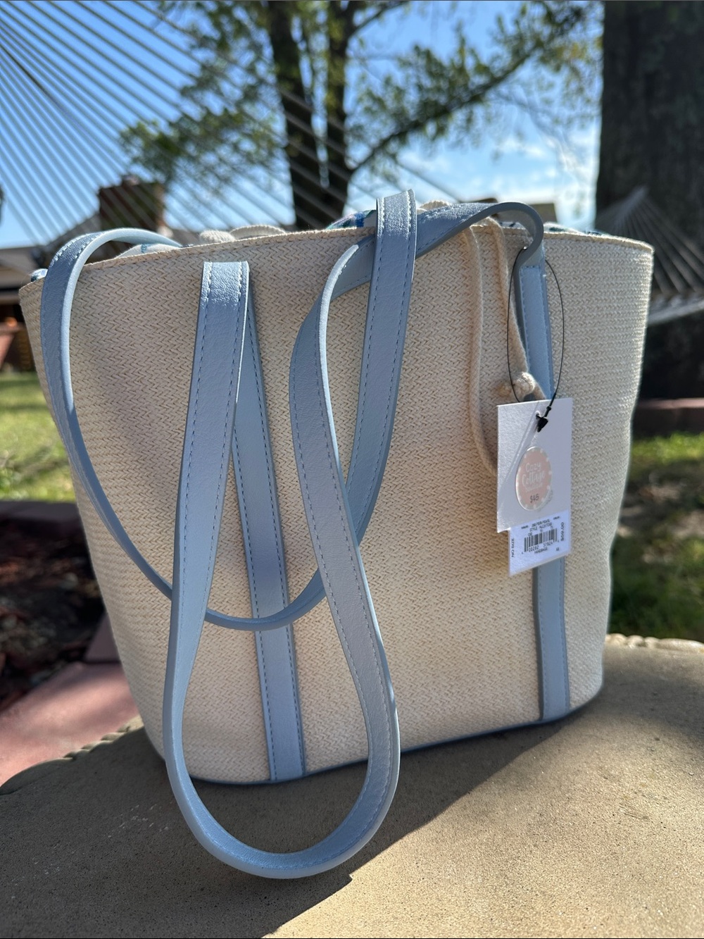 LC Lauren Conrad Cream Tote with Pale Blue Trim